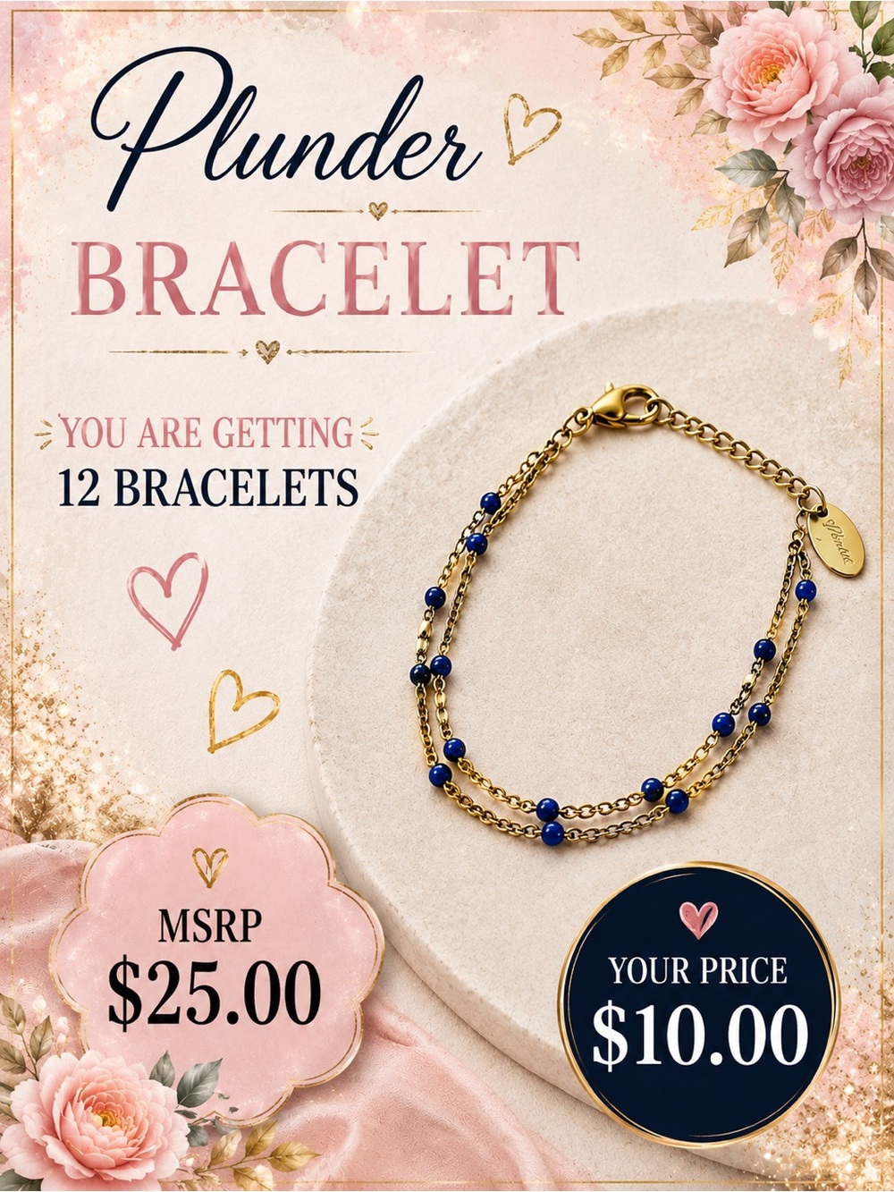 Plunder Gold Double Chain Bracelet with Blue Beads